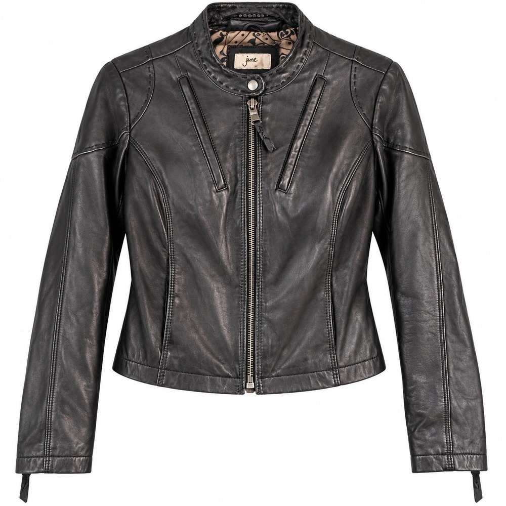 June Women's M Black Genuine Leather Moto Jacket Silk Lined Motorcycle Biker